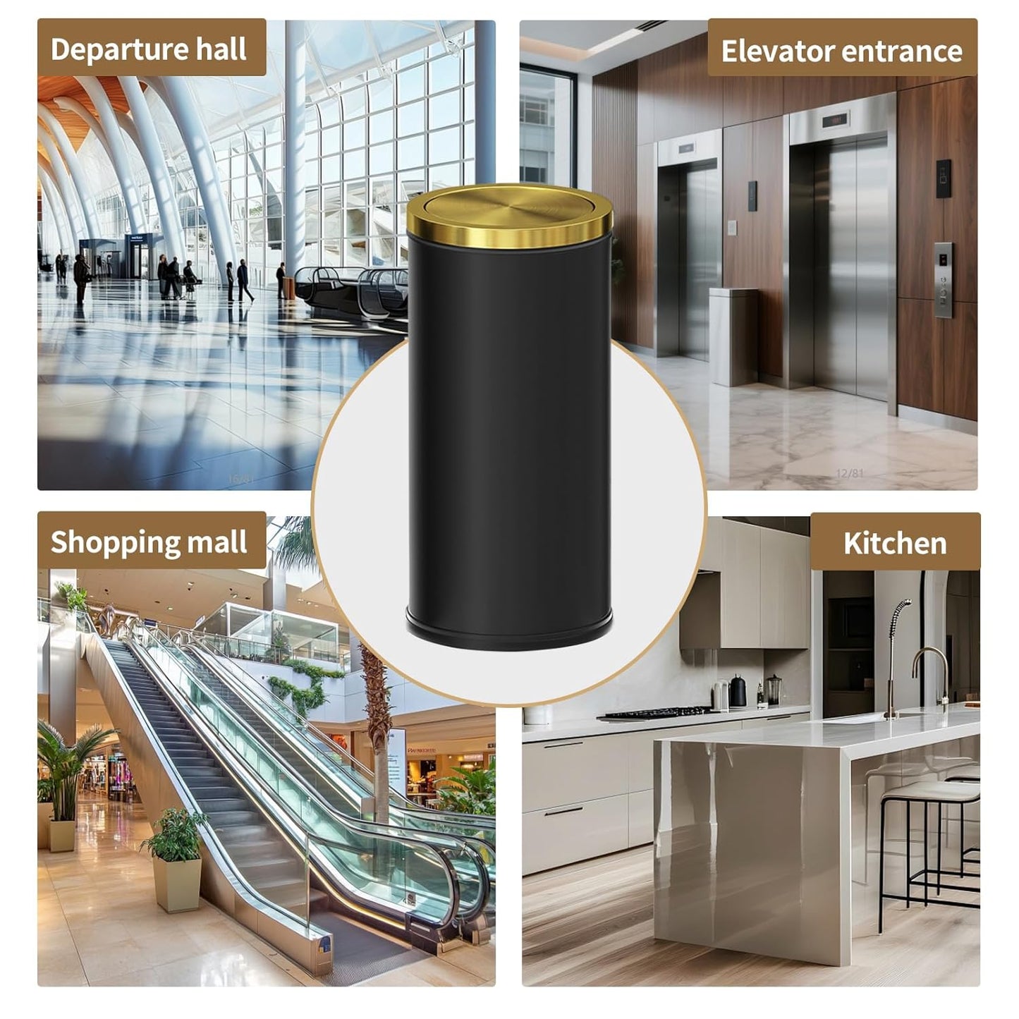 Brushed Gold Kitchen Trash Can with Swing Lid 7.8Gallon,Stainess Steel Commercial Garbage Can Wastebaskets for Shopping mall,Hotel Lobby,Airport, Alevator Using (Black with gold lid, 7.8 gallon)