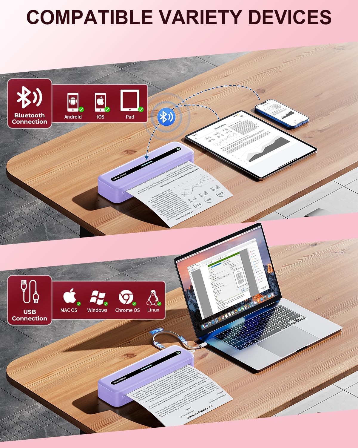 COLORWING Portable Printers Wireless for Travel, 300DPI Mini Compact Inkless Printer, Thermal Bluetooth Printer Compatible with Android and iOS Smartphone & Tablet & Laptop - Purple