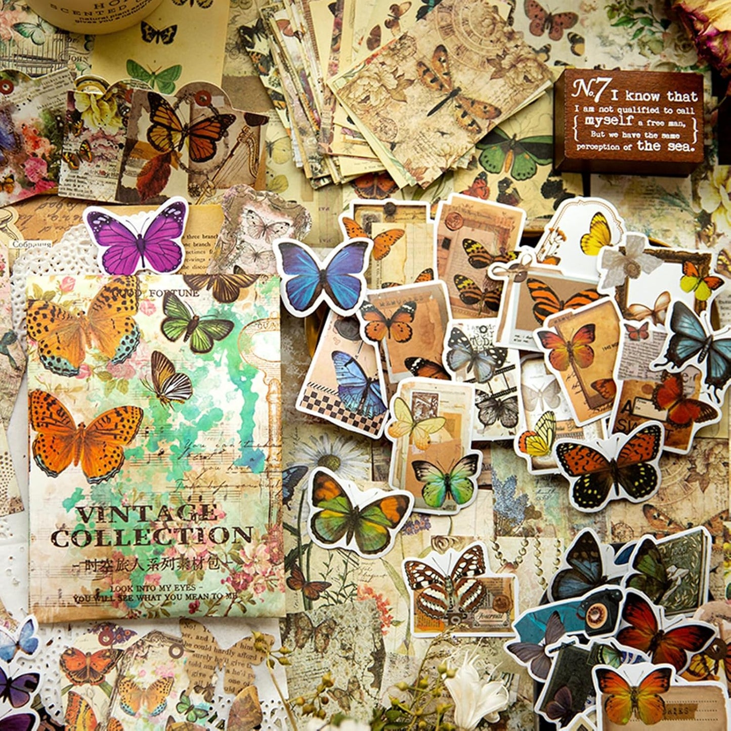 200PCS Vintage Scrapbooking Supplies Pack, Aesthetic Scrapbook Sticker Paper Art Journaling Kit for Bullet Junk Journals,Planner,Cottagecore Decor Gifts (Butterfly)