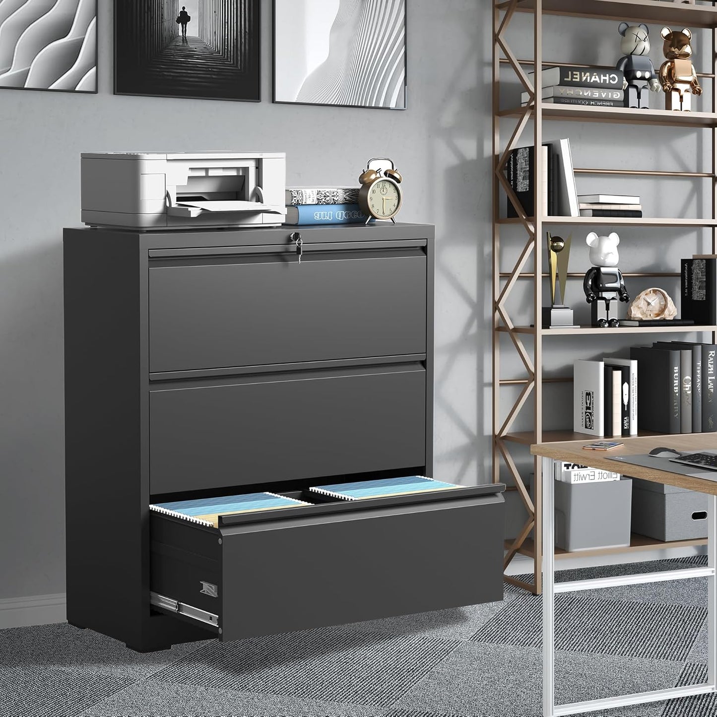 File Cabinets 3 Drawer,Metal Office Storage Filing Cabinet with Lock,Black Lateral Filing Cabinet for Home Office,Horizontal Locking File Cabinets for Legal/Letter/A4,Assembly Require,Black