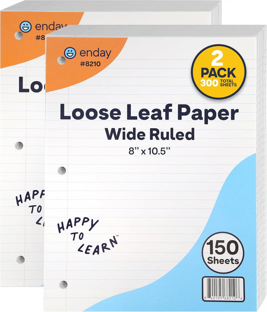 Loose Leaf Paper Wide Ruled Notebook Paper, 8" x 10.5" Filler Paper White, 3 Hole Punched Binder Paper for 3 Ring Binders, Lined Paper 150 Sheets Per Pack (2 Pack) - By Enday