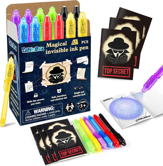 GIFTINBOX Invisible Ink Pens with UV light for Kids, Spy Pen Party Favors for Kids 8-12, 12 Pack Invisible Ink Pen and Notebook, Magic Marker for Secret Message Birthday Party Favors for Kid 4-8