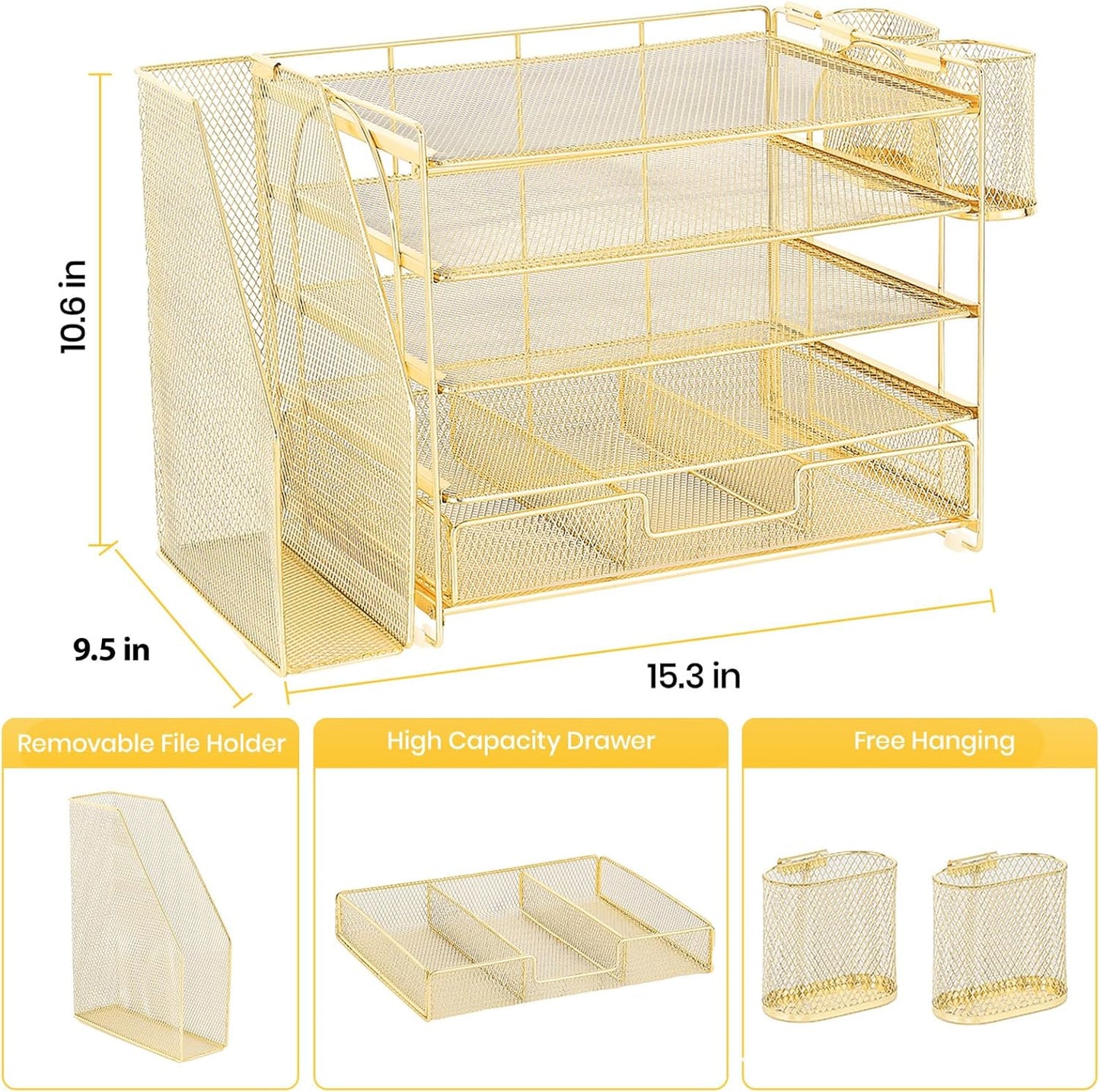 Desk Organizers and Accessories, 5-Tier Paper File Organizer with Drawer & Pen Holder, Office Desk Accessories Workspace Desktop Organizer for Office Supplies(Gold)