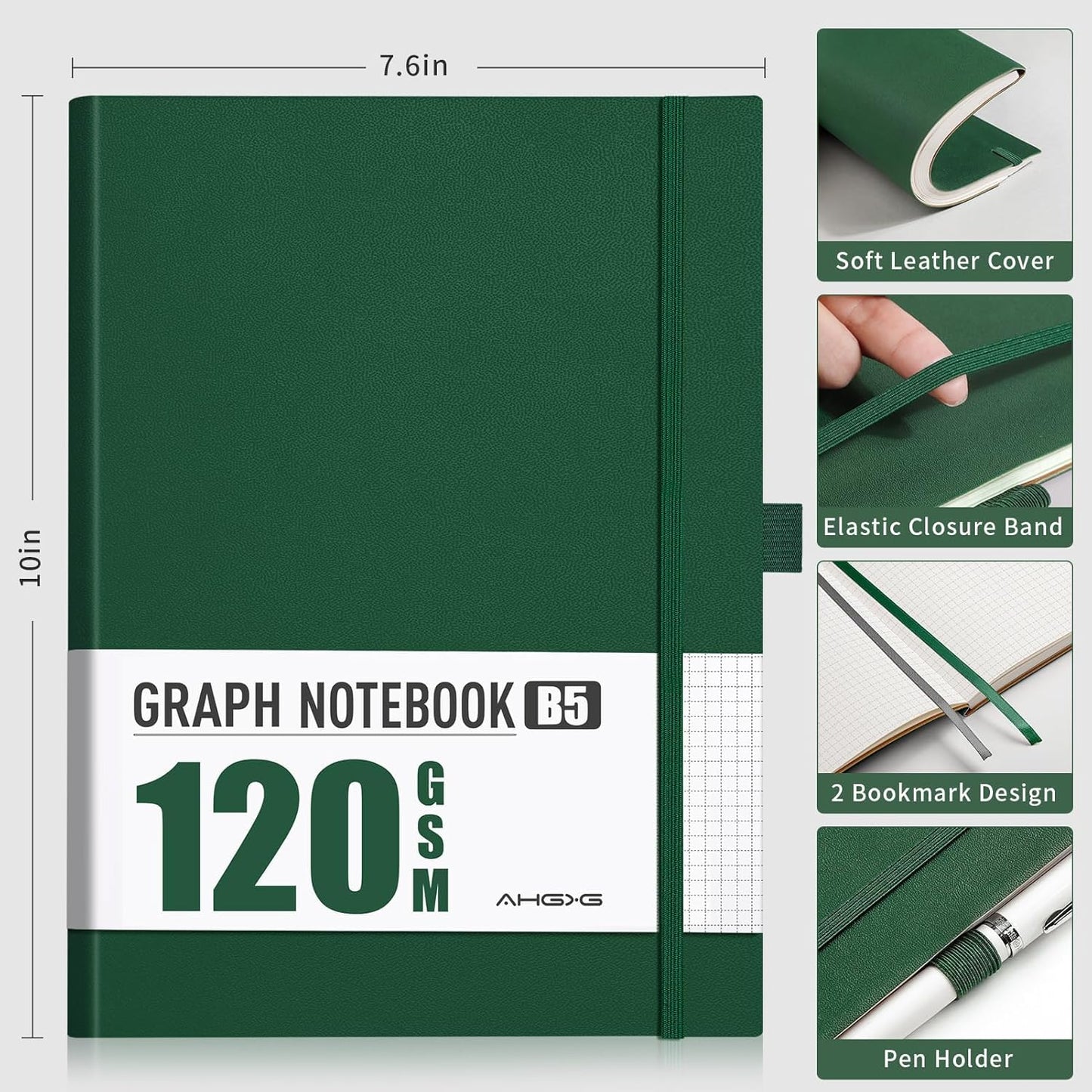 AHGXG Graph Paper Notebook - Grid Notebook Journal, 120 GSM Thick Graph Paper, Large B5 Notebook 96 Pages, Leather Softcover, for Graphing, Writing, Math, Engineering, 7.6'' X 10'' - Green