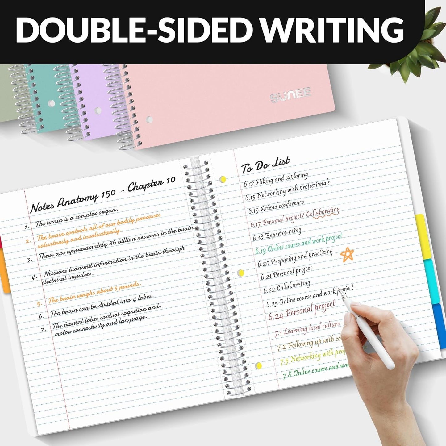 SUNEE 5 Subject Notebook College Ruled - 400 Pages, 9"x11", 5 Pocket Colored Dividers, 3-Hole Punched Paper, White