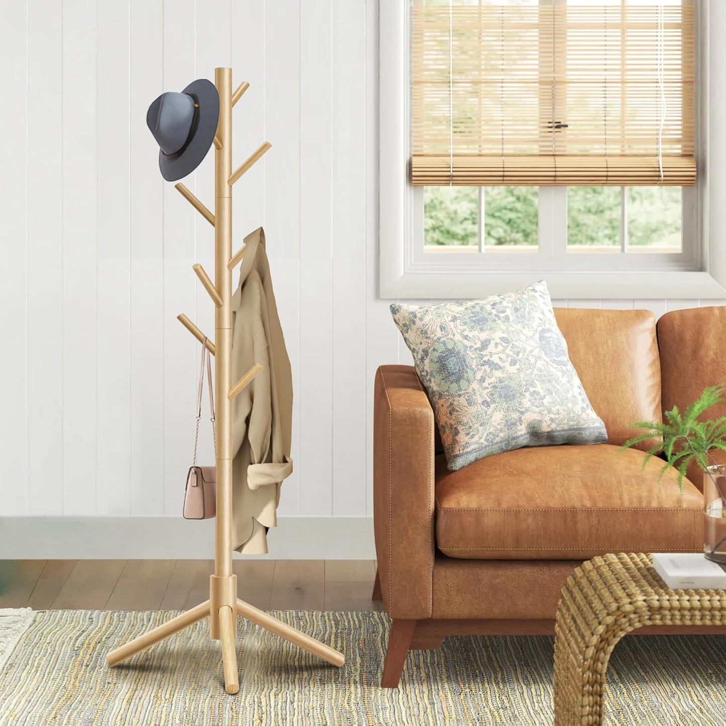 Wooden Coat Rack, Free Standing Coat Rack with 8 Hooks 3 Adjustable Heights for Clothes, Hats, Handbags, Coat Tree Easy Assembly for Entryway, Bedroom, Hallway, Office (New Nature)