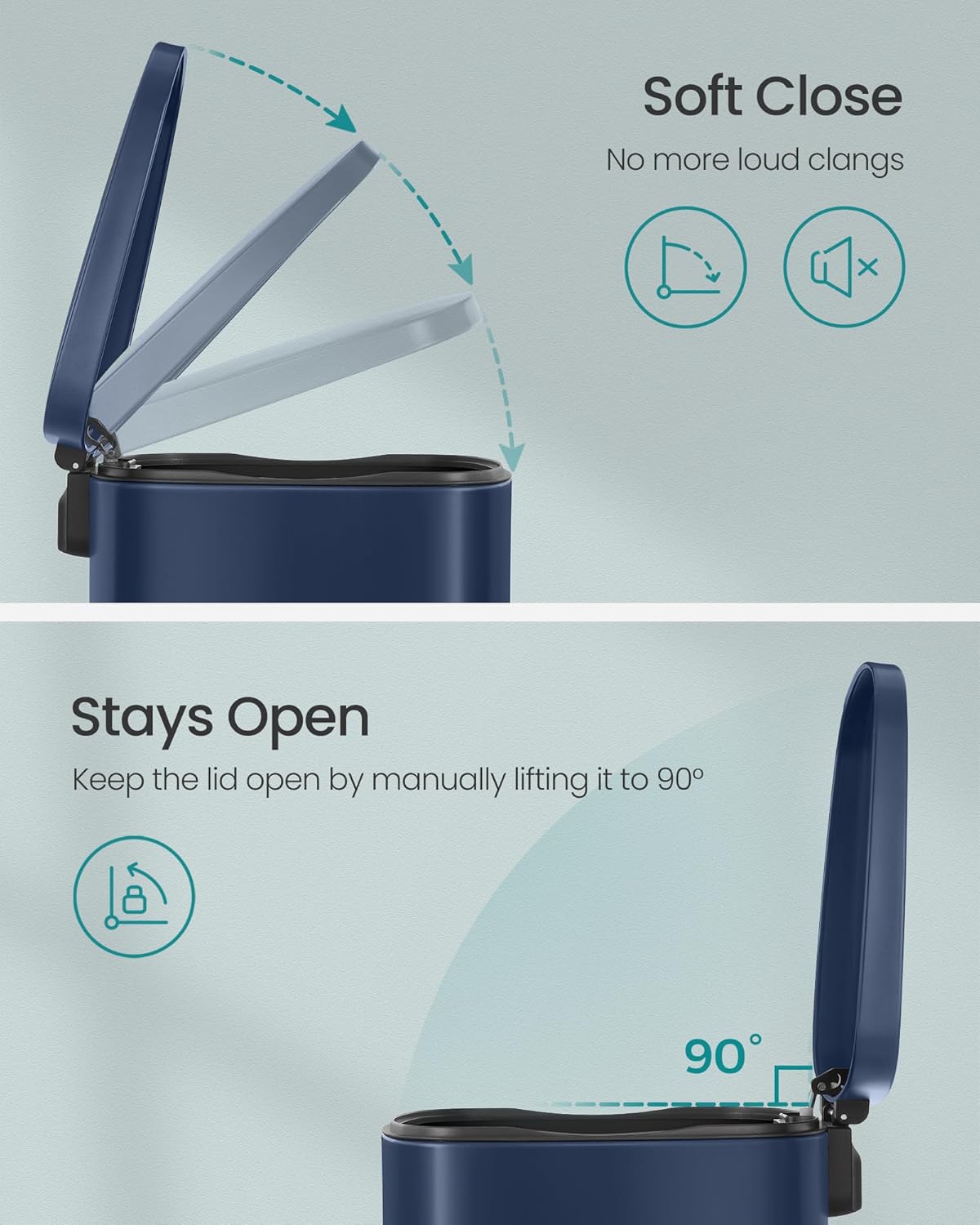 SONGMICS 13 Gallon (50 L) Trash Can, Stainless Steel Kitchen Garbage Can, Recycling or Waste Bin, Soft Close, Step-On Pedal, Removable Inner Bucket, Midnight Blue ULTB050L01