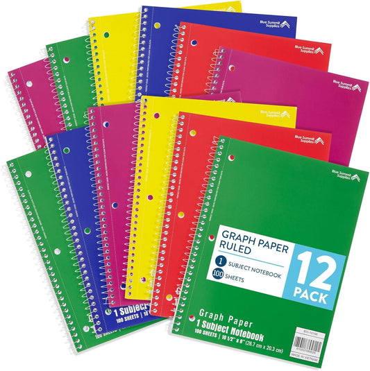 Blue Summit Quad Ruled Notebook, Paper Quad Ruled Spiral Notebook 8x10.5, 4x4 Square Grid for Math, College, Work, School, and Lab, Graphing Paper, 100 sheets, 12 Pack