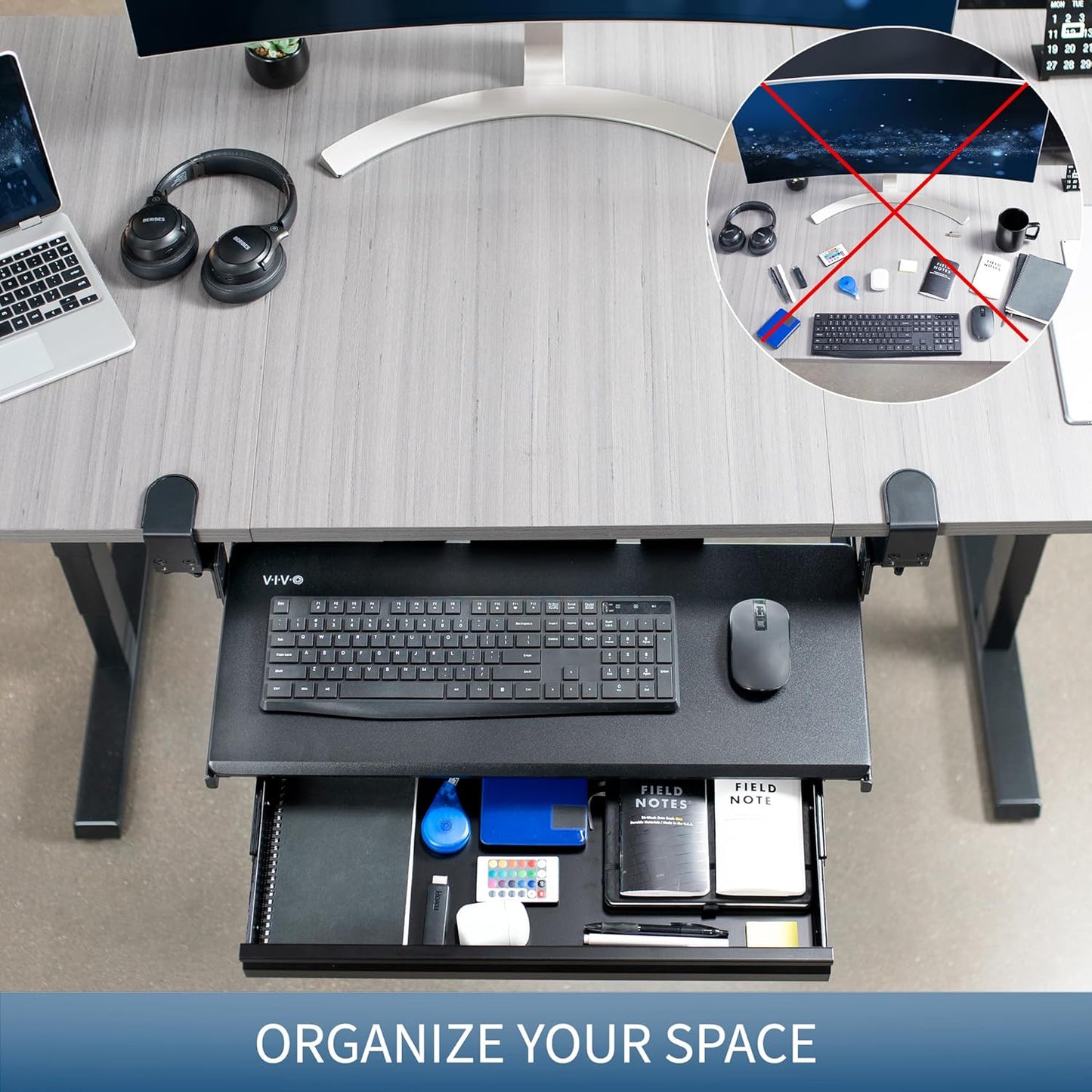 VIVO Large Height Adjustable Clamp-on Keyboard Tray, Extra Sturdy Pull Out Platform with Storage Drawer, 27 (33 Including Clamps) x 11 inch Slide-Out Tray with Organizer, Black, MOUNT-KB05HB-DR