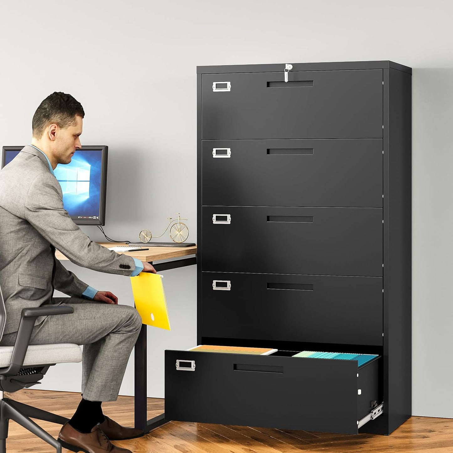 SISESOL 5 Drawer Lateral File Cabinet with Lock,Black Lateral Filing Cabinet,Horizontal Metal Filing Cabinets,Large Locked Wide Five Drawer File Cabinets for Office Home,Fit A4/F4/Letter/Legal File