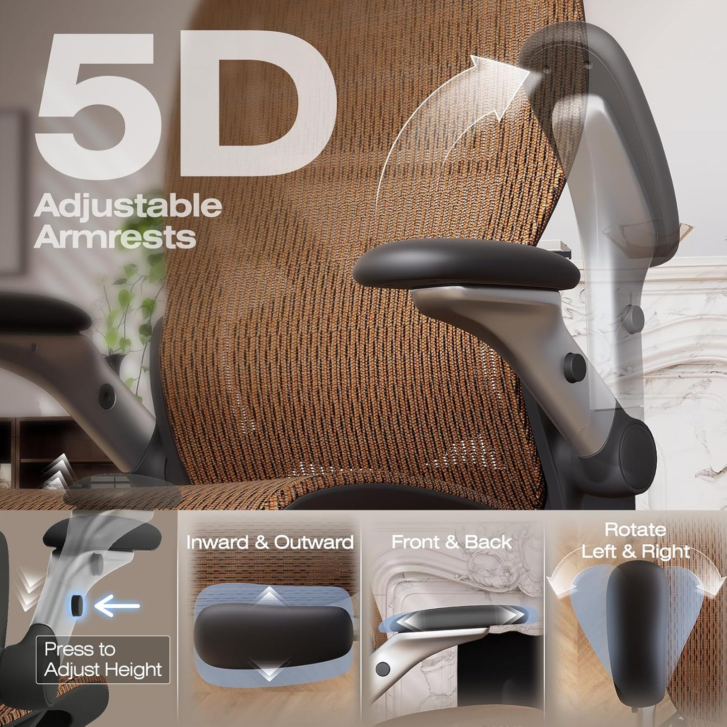 ELABEST X100 Ergonomic Office Chair with Footrest, Big and Tall Home Desk Chair with 5D Flip-Up Arms, Adjustable 10D Lumbar Support,High Back Rolling Computer Chair, Swivel Mesh Chairs