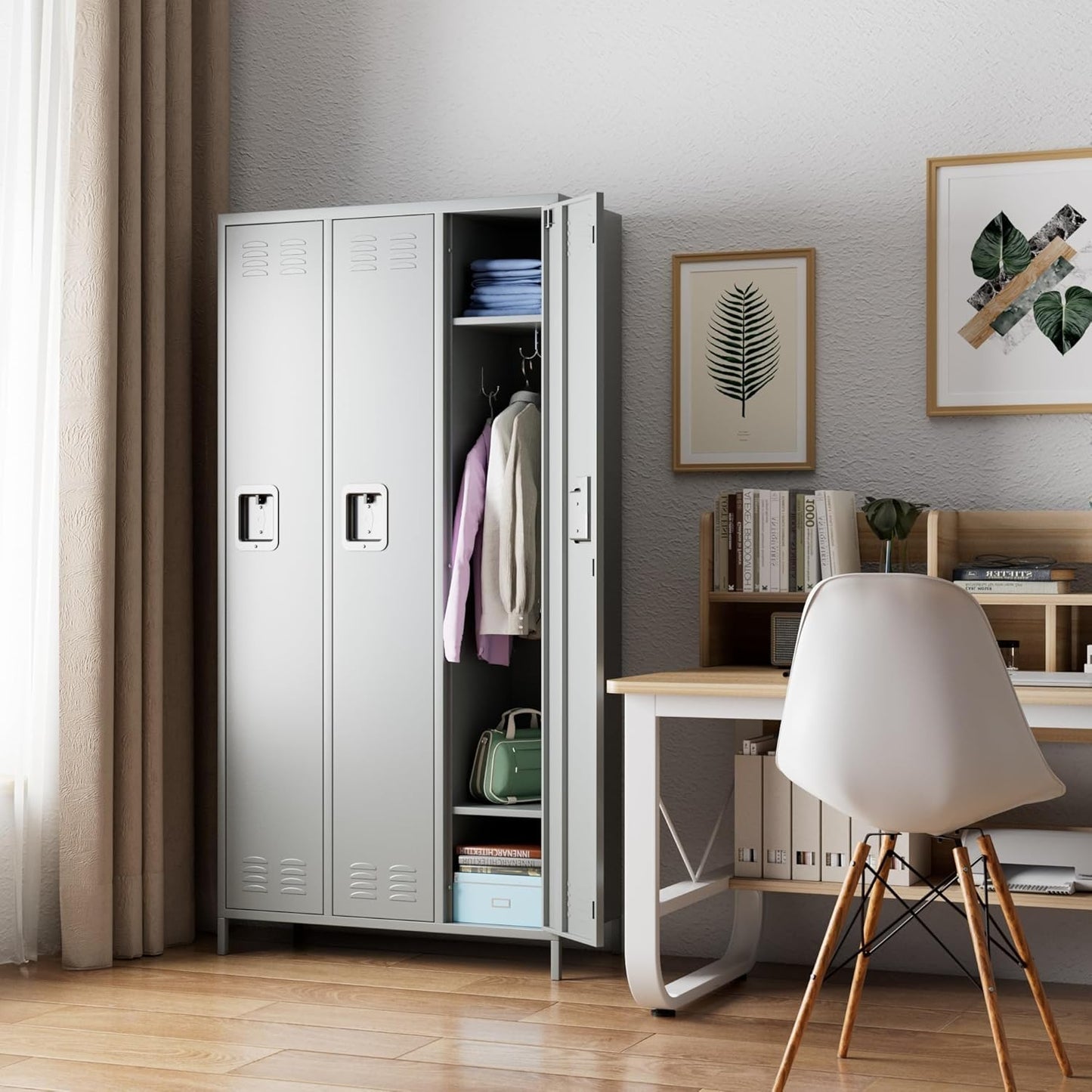 Metal Storage Locker with 3 Doors,Metal Locker for Employees with 9 Hooks for School Garage Office Gym Home,Assembly Required,Light Grey