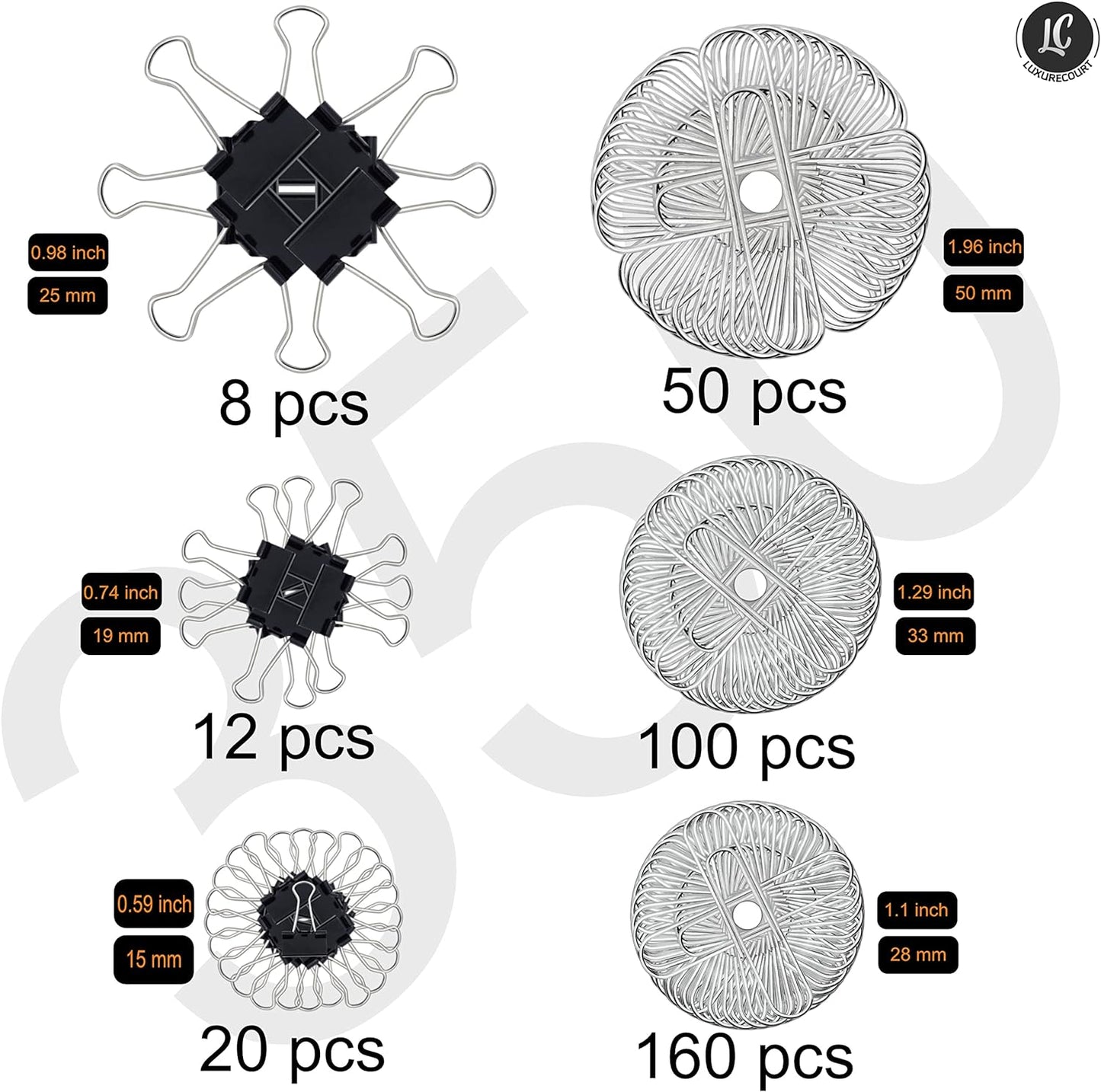 350 Pack Paper Clips and Binder Clips Set by Luxurecourt - Binders & Paperclips Assorted Sizes in Container with Compartments, Silver Paper Clips & Black Binder clips for Home, School, Office Supplies