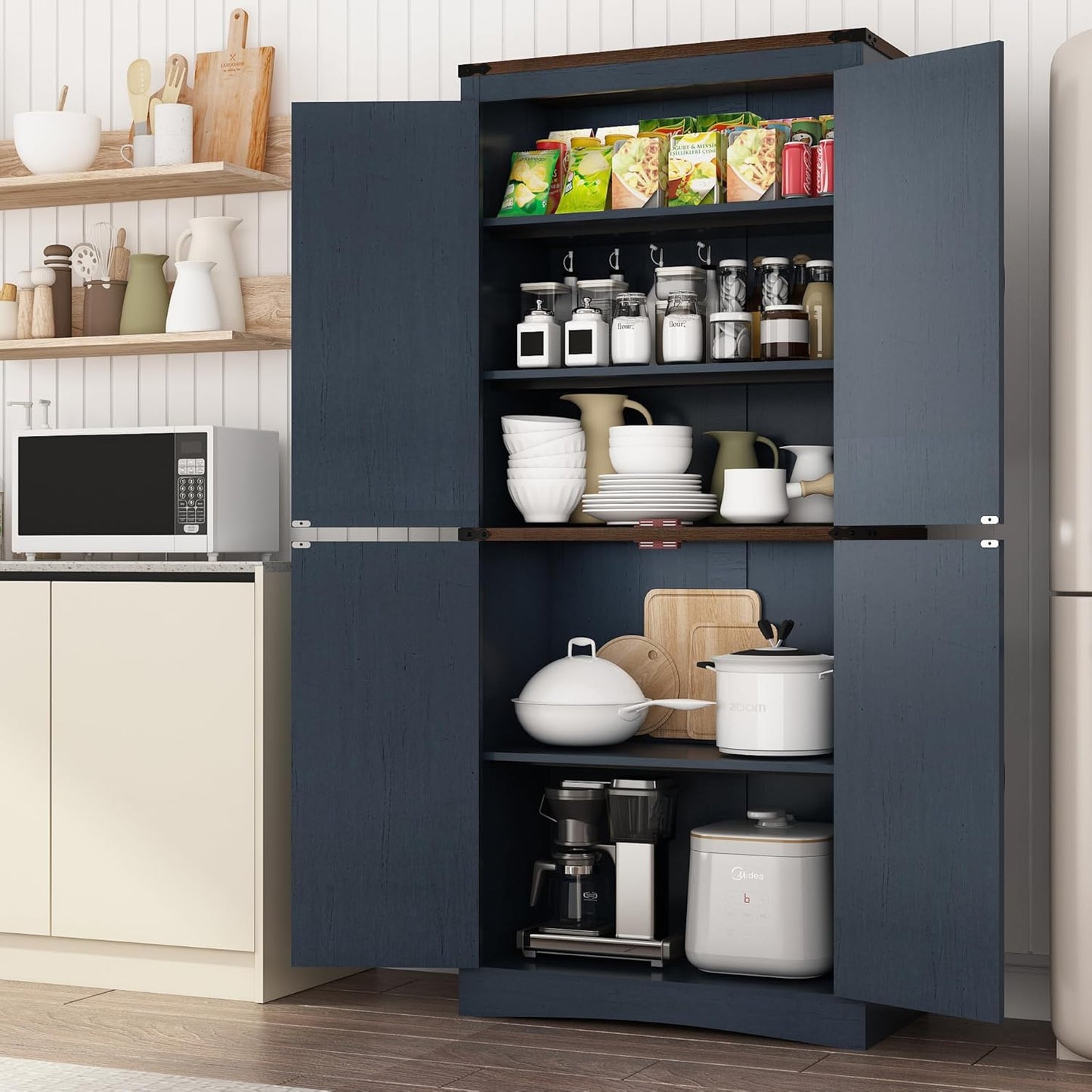 71in Farmhouse Kitchen Pantry Cabinet,Tall Storage Cabinet with 4 Doors and Adjustable shelves,with Load-Bearing Steel Pipe,Wood Storage Cabinets for Kitchen,Dining Room,Bathroom(Rustic Blue)