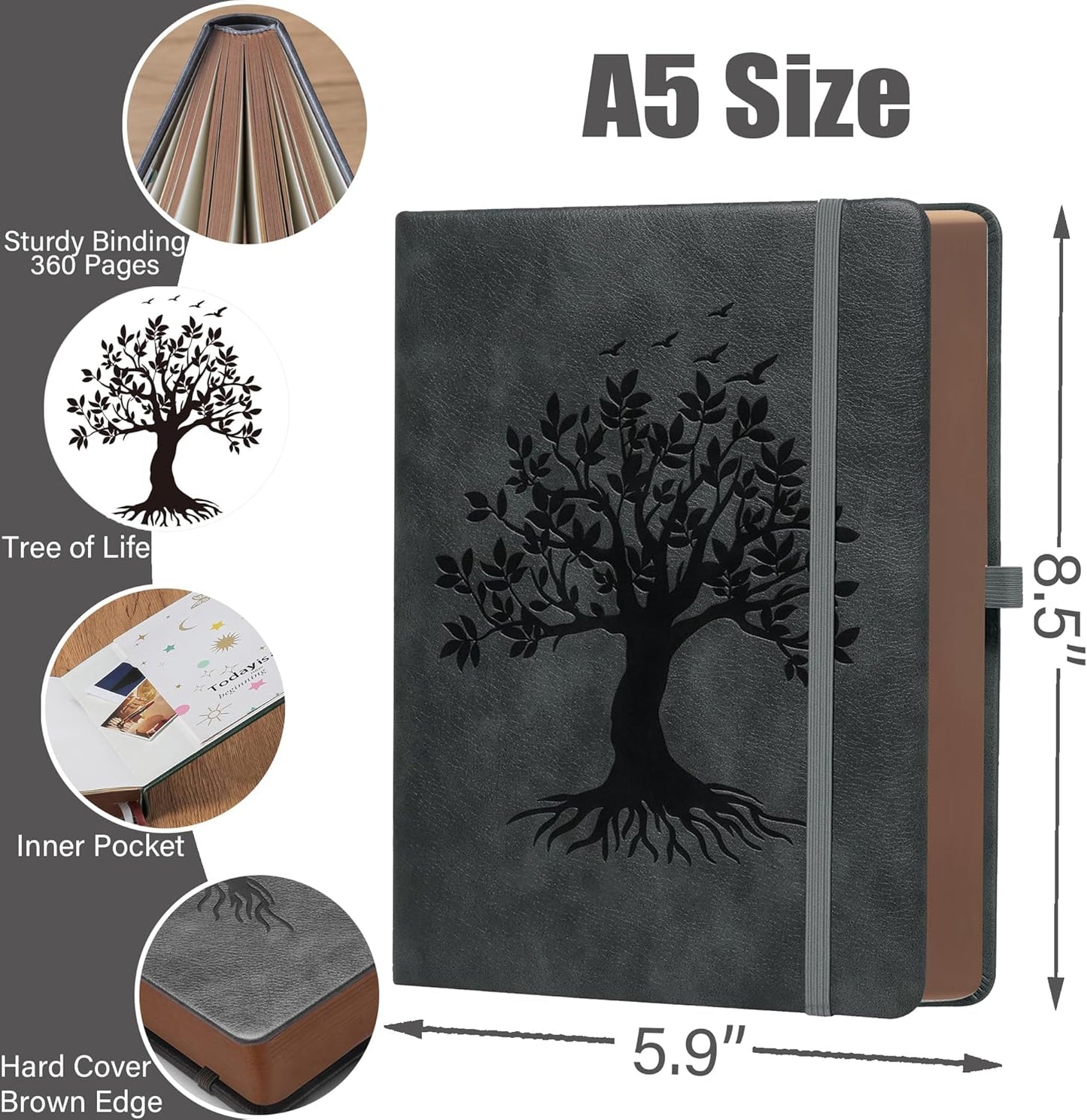 ZXHQ A5 360 Pages Lined Journaling Notebooks with Pen, Journals for Women Men Writing Notebook, Tree of Life Design, Brown Edge Fine Inner Pocket - Dark Grey