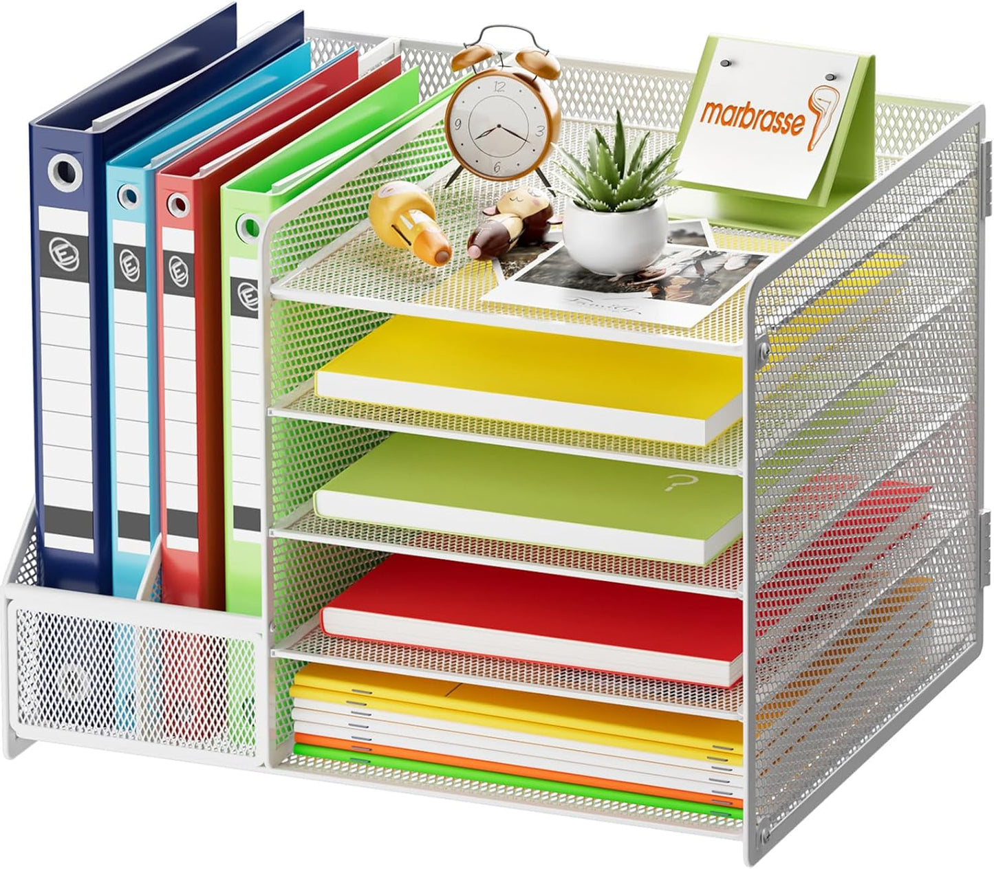 Marbrasse Desk Organizer with File Holder, 5-Tier Paper Letter Tray, Mesh Desk Organizers and Accessories with Magazine Holder, Desktop Organizer and Storage for Office Supplies (White)