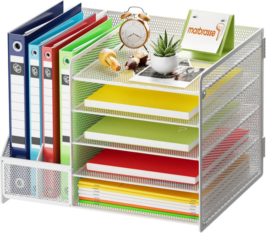 Marbrasse Desk Organizer with File Holder, 5-Tier Paper Letter Tray, Mesh Desk Organizers and Accessories with Magazine Holder, Desktop Organizer and Storage for Office Supplies (White)