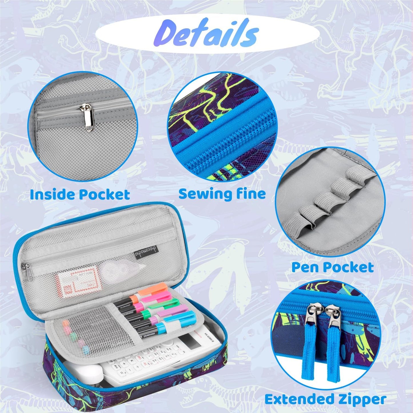 Choco Mocha Dinosaur Pencil Case for Boys, Soft Pencil Case Kids Pencils Pouch for Kindergarten Boys, Blue