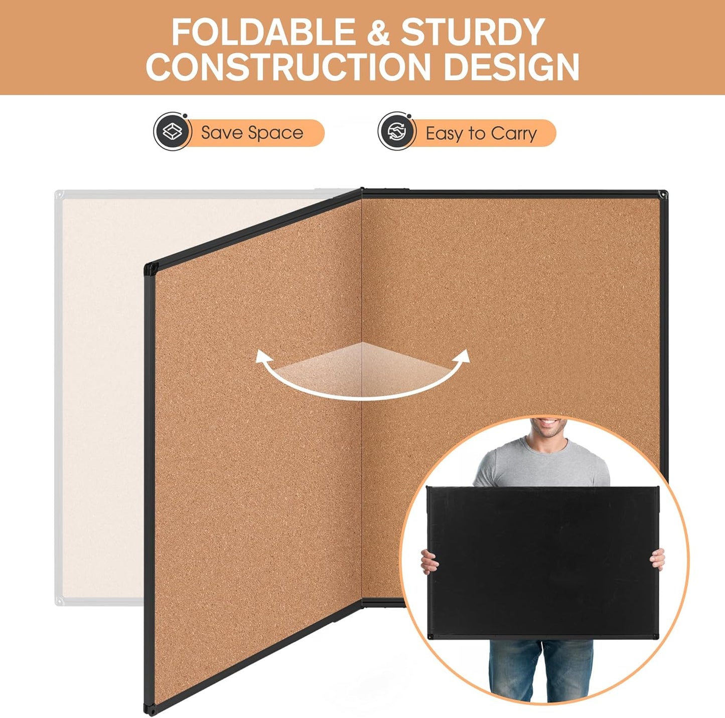 Board2by Extra Large Cork Bulletin Board 72" X 48", Foldable Notice Pin Board for Wall, Black Aluminium Framed 6'x4' Corkboard, Wall Mounted Noticeboard with 32 Push Pins for School, Home & Office