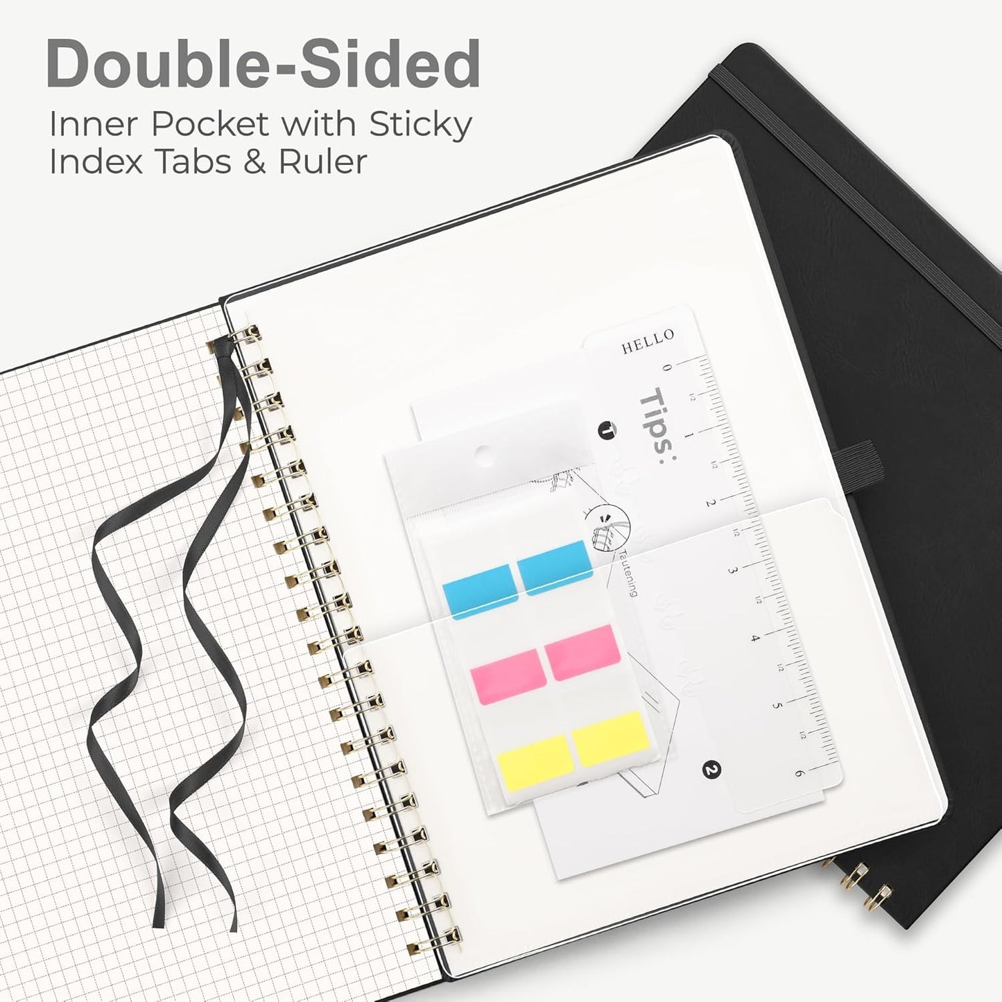 RETTACY Graph Grid Paper Notebook, 110 Pages, A4 Large Size (8.5'' × 11''), 5 Squares per Inch, Leather Hardcover, 100 GSM Thick Paper, for School, Students, Math, Engineering (Black)