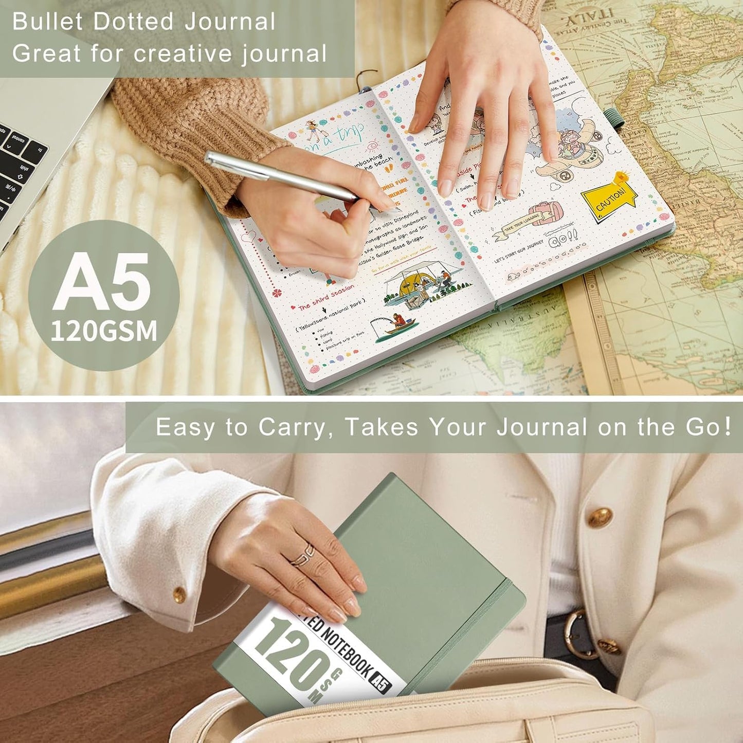 AHGXG Bullet Dotted Journal - Dot Grid Notebook Journal, 120 GSM Thick Acid-Free Paper, A5 Dotted Notebook 160 Pages, Leather Hardcover, Inner Pocket, Journal Stencil, 5.7'' × 8.3'' - Sage Green