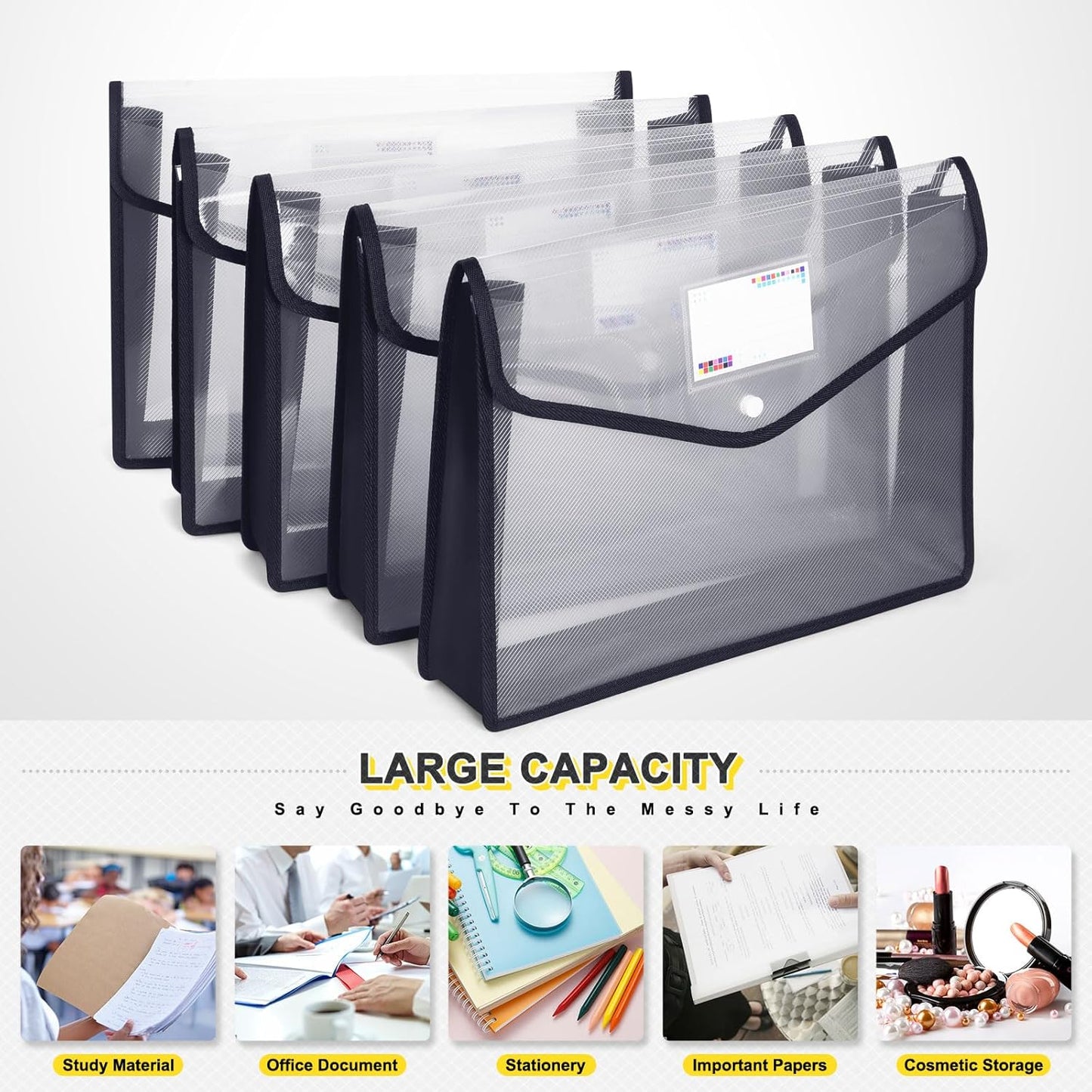 Plastic File Folders, Waterproof Transparent Expandable File Organiser, Portable Large Capacity A4B4 File Wallet for Office/Business/School (5 Pack)