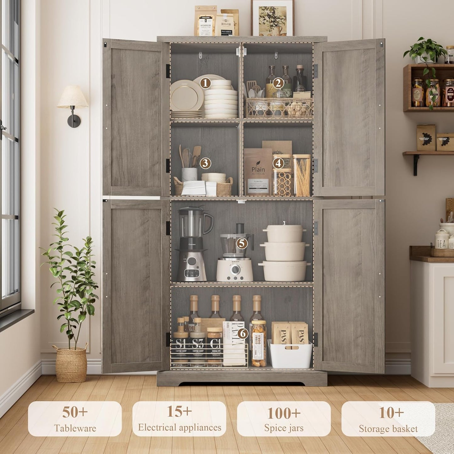 HOSTACK 64" Tall Pantry Cabinet, Modern Farmhouse Kitchen Pantry, Wood Bathroom Storage Cabinet, Large Bookcase, 4 Doors|Adjustable Shelves, for Dining Room, Living Room, Home Office, Ash Grey