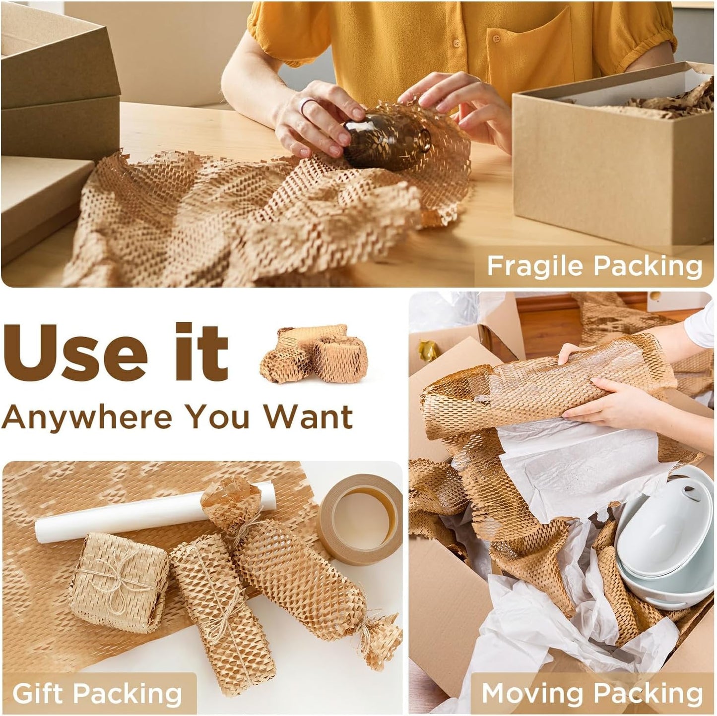 Honeycomb Packing Paper, 12"x300' Brown | Perforated Honeycomb Packing Paper Recyclable Moving Supplies for Shipping & Moving | Plastic-Free Alternative to Bubble Cushion Wrap with 36 Fragile Stickers