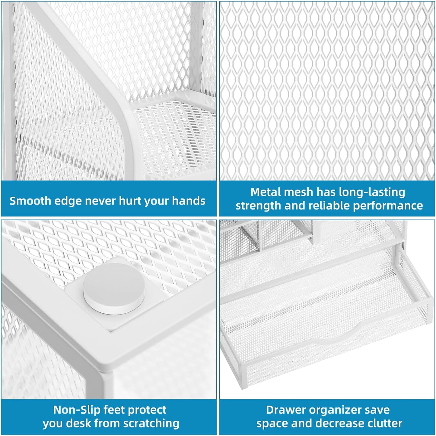 Marbrasse Mesh Pen Holder for Desk, Multi-Functional Pencil Organizer with Drawer, Desk Organizers and Accessories for Office Art Supplies (White)