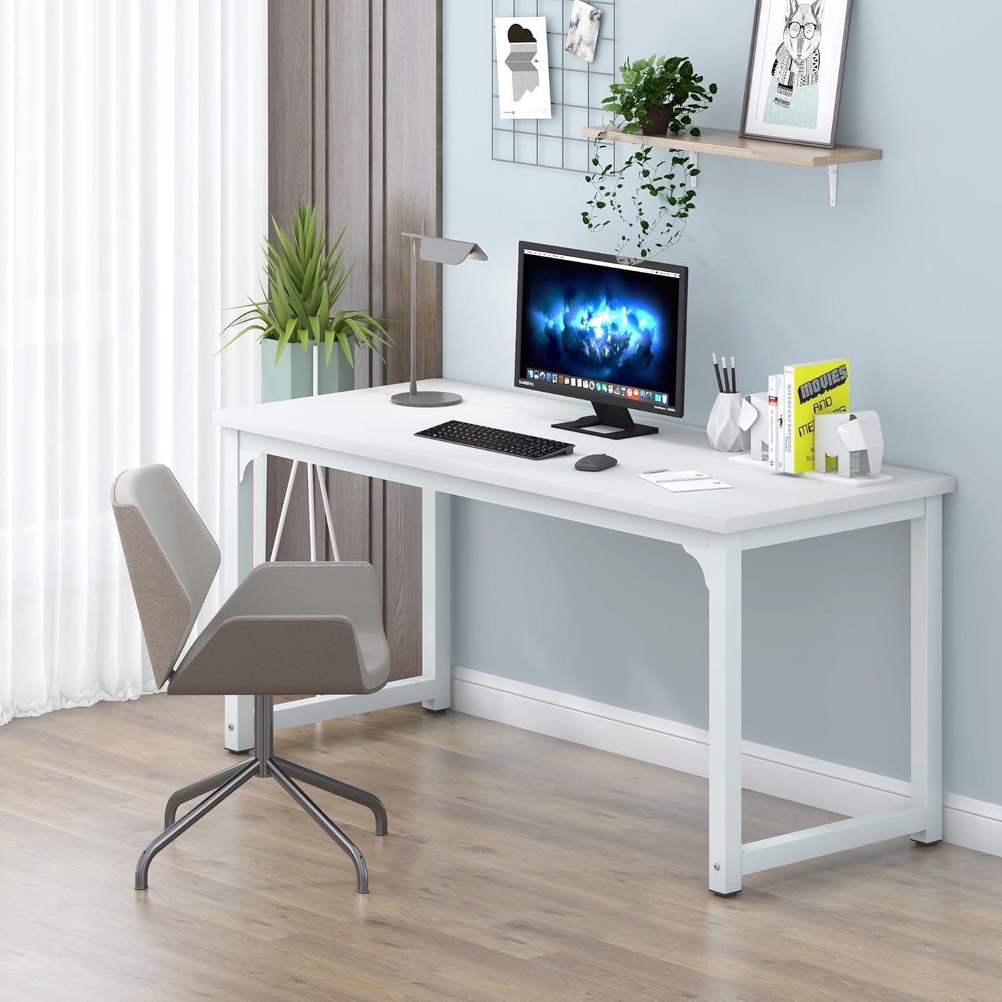 NSdirect Large Office Desk for Home Office, Large 63” Computer Desk Table, Wide Writing Study Desk for 2 Person, Metal Sturdy Frame Thicker Steel Legs,Warm White