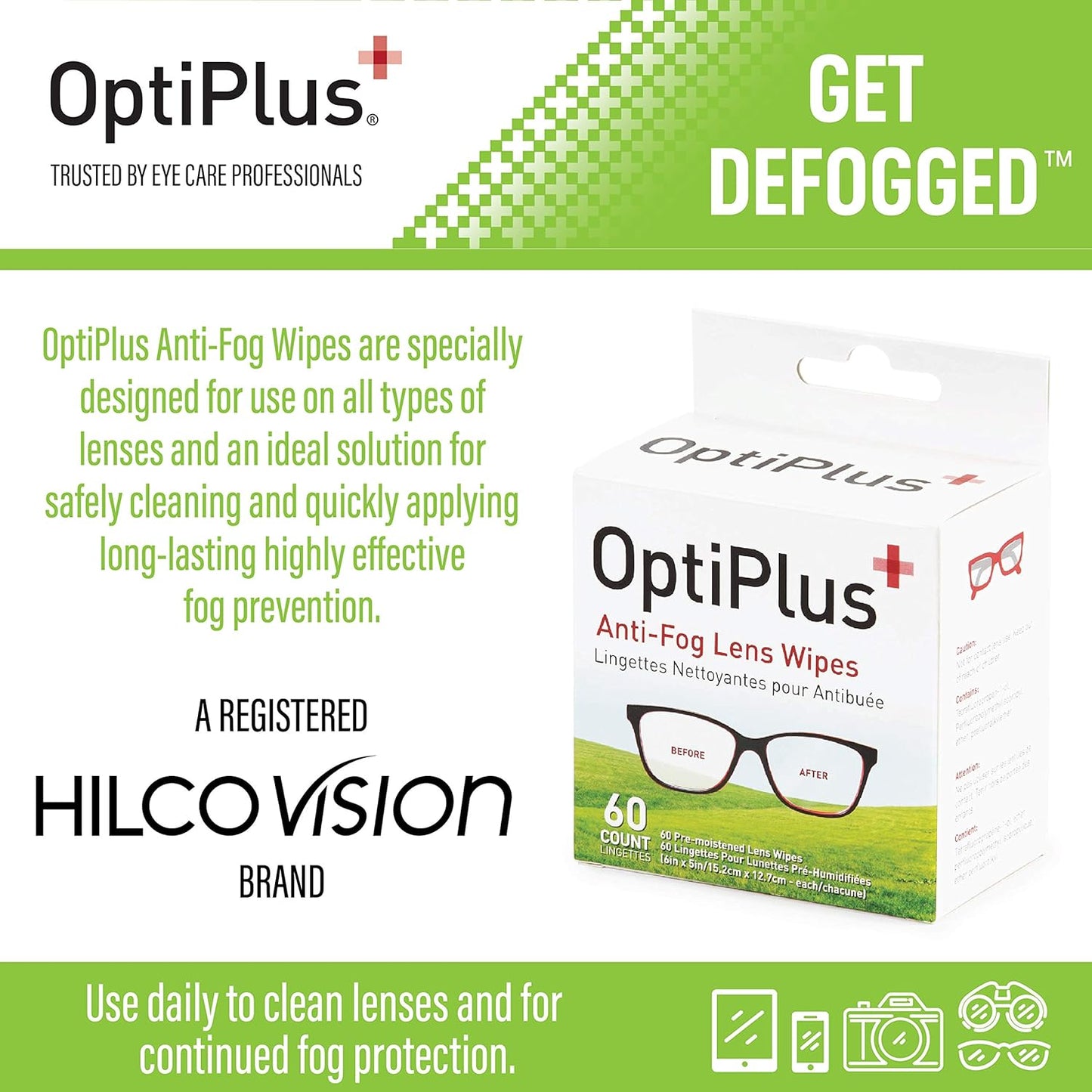 OptiPlus Anti Fog Lens Wipes l Pre-Moistened l Cleaning Wipes for Glasses, Laptops Screens, Smart Phones, Optical Lens, Goggles, Watch Screen and More l Defogging, Quick-Dry & Scratch-Free l 60 Count