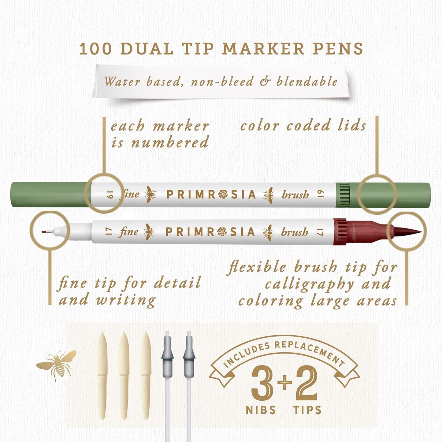 Primrosia 100 Dual Tip Marker Pens, Fineliner and Watercolor Brush Pens for Art Sketching Illustration Calligraphy or Journals Drawing Coloring