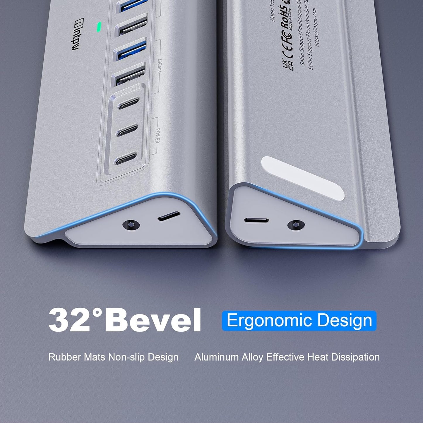Powered USB Hub 10Gbps, intpw 12 Port USB C Hub with 10Gbps USB C 3.2, 2 USB A 3.2, 7 USB 3.0, 2 PD 45W Charging Ports, 65W Power Adapter and 3.3FT Cable, Aluminum USB Hub for Laptop, iPhone16/15, PC