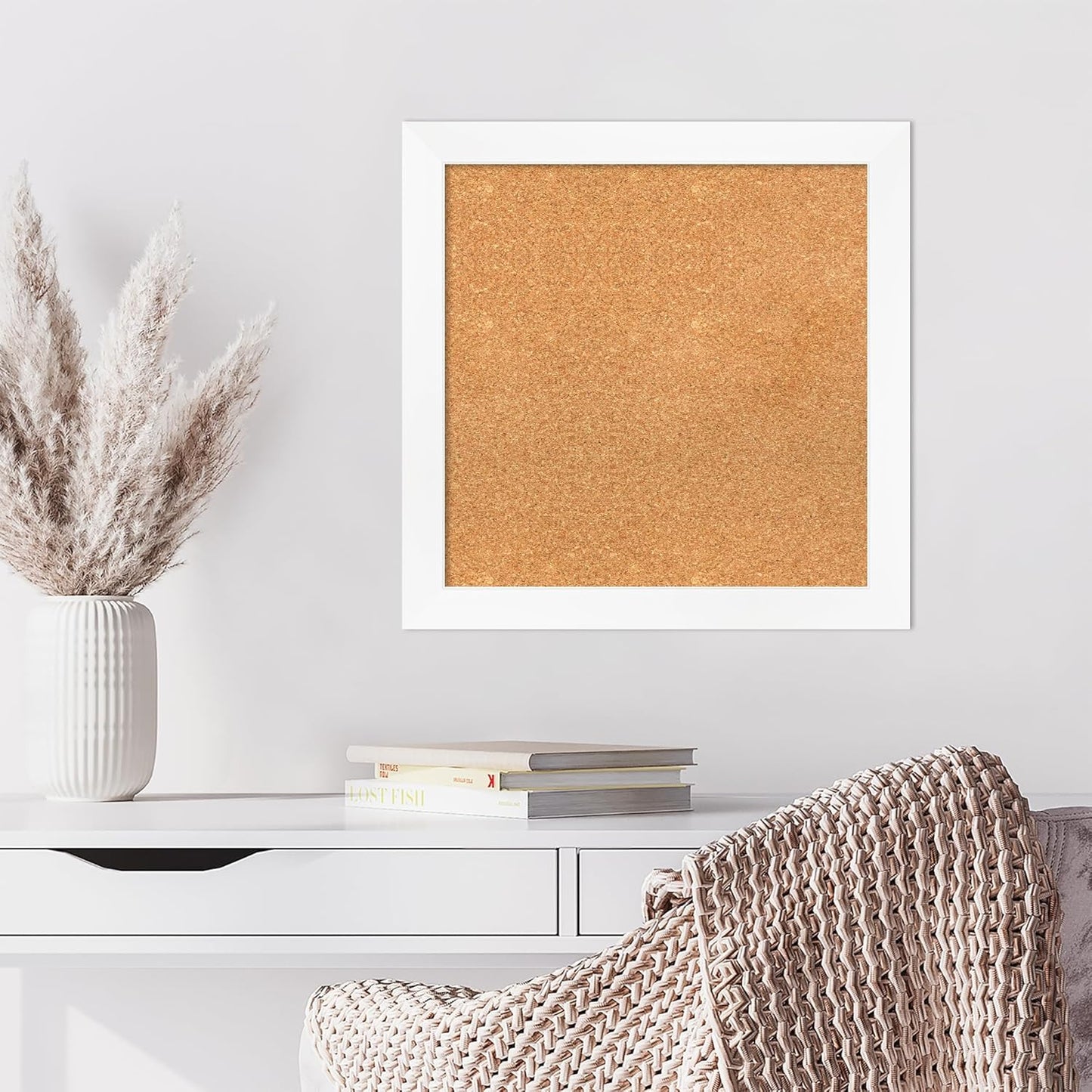 Amanti Art Natural Cork Board for Wall, 23x23 Vision Board with White Frame, Medium Corkboard Office Decor for Home Organization, Modern Corkboard Pinboard to Display Items for Home Organization in