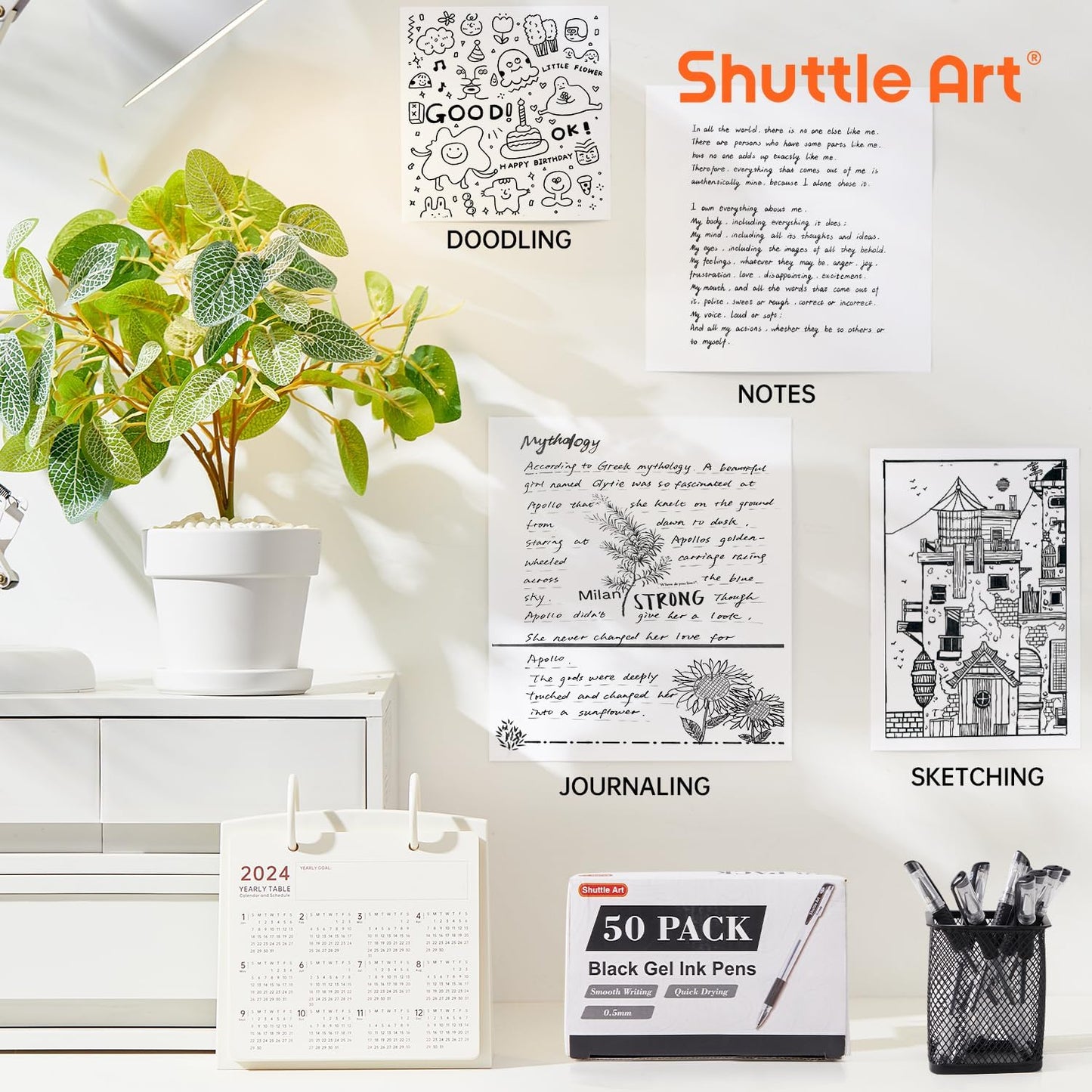 Shuttle Art Black Gel Pens, 50 Pack Fine Point Black Ink Pens Bulk, 0.5mm Rollerball Gel Ink Pens Smooth Writing with Comfortable Grip for Office, School and Home