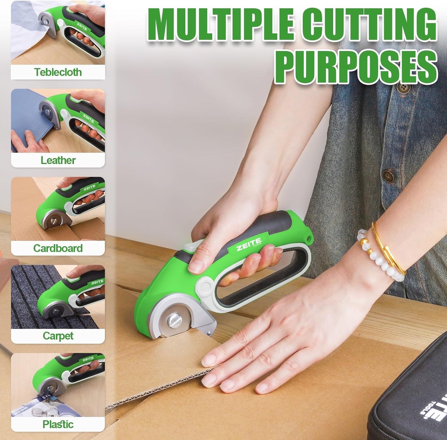 ZEITE 4V Cardboard Box Cutter,Cordless Electric Scissors,with 2 Blades,Storage Box,USB Charging Cable,Max Cutting 1/4",Ideal for Cardboard,Thin Carpet & Plastic Recycling,Easy to Hold and Safe