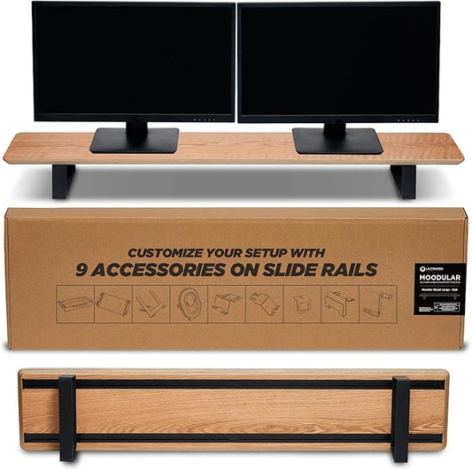 Moodular Wooden Monitor Stand 45.6” (116cm) Large Desk Organizer with Metal Slide Rails for Drawer, Tray, Laptop, Tablet, Phone & Headphones Customizable Riser for Organized Workspace Oak