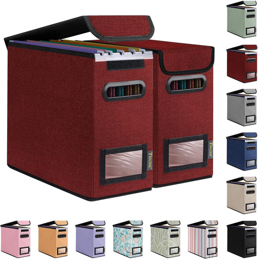 BALEINE File Organizer Box with Lid, Collapsible File Folder Organizer with Plastic Slide, Hanging File Folder Box for Office Document Storage (2 Pack, Red, S)