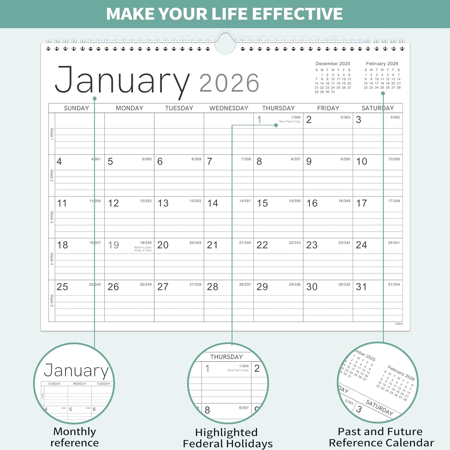 2026 Wall Calendar - 2026 Calendar from Jan. 2026 - Dec. 2026, 14.6" x 11.4", 12 Months Wall Calendar 2026, Thick Paper, Twin-Wire Binding, Simple Design