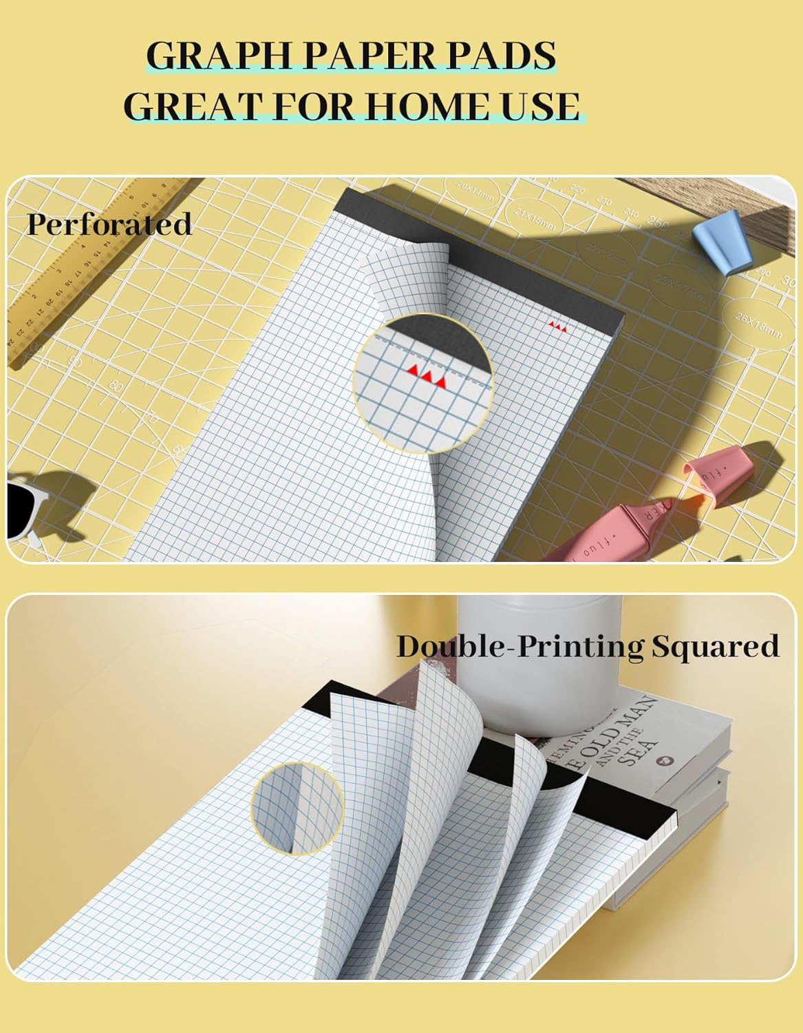 Graph Paper 8.5 x 11, 6 Pack, 4x4 Graph Ruled, Grid Paper 8-1/2 x 11, Blueprint Quadrille Pad 8.5'' x 11'', Easy Tear Off Graph Paper Pad White Grid Notebook, White Draft Paper 25 Sheets/Pad