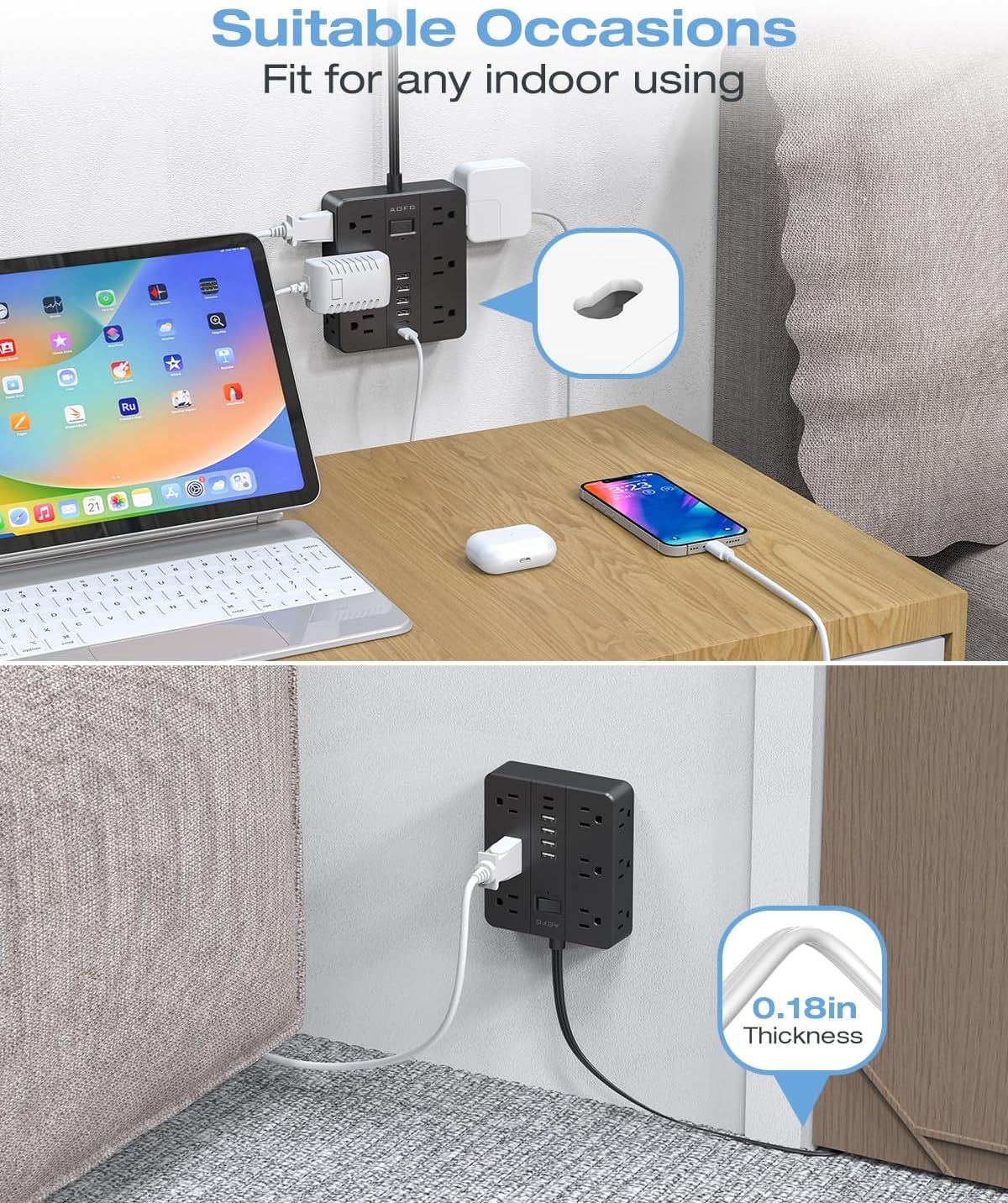 25FT Surge Protector Power Strip,12 AC Outlets with 6 USB Ports (2 USB-C), Flat Plug Extension Cord with Multiple Outlets, Wall Mount for Home Office,Dorm, Black