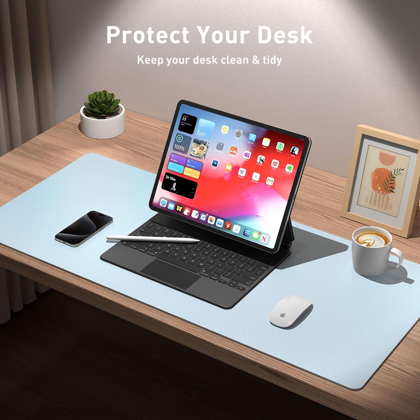 Aothia Leather Desk Pad Protector, Office Desk Mat, Large Mouse Pad, Non-Slip PU Leather Desk Blotter, Laptop Desk Pad, Waterproof Desk Writing Pad for Office and Home (48"x17", Baby Blue)