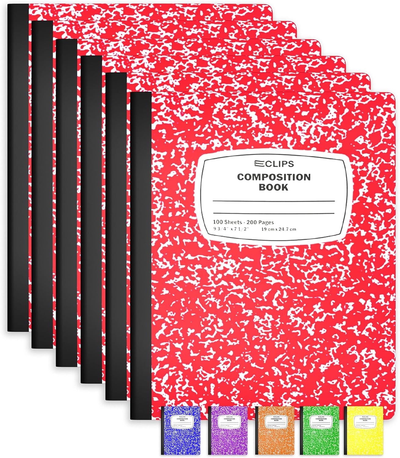 E-CLIPS USA Composition Notebooks, (6 Pack), Wide Ruled Composition Notebook, Marble Composition Notebook, 100 sheets, 200 Pages (6, Red)