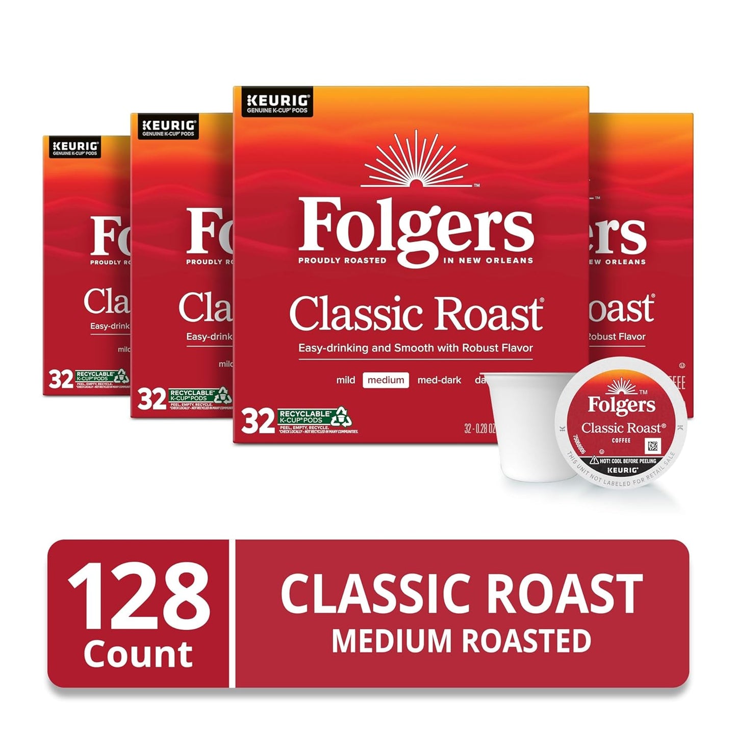 Folgers Classic Roast Medium Roast Coffee, 128 Keurig K-Cup Pods