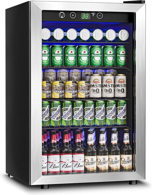 145 Can Beverage Refrigerator Cooler - 4.5 Cu.Ft Mini Fridge Glass Door, Soda Wine Beer Drink Fridge, Small Refrigerator for Bedroom Office Home Bar Dorm, Digital Temperature Control, Silver