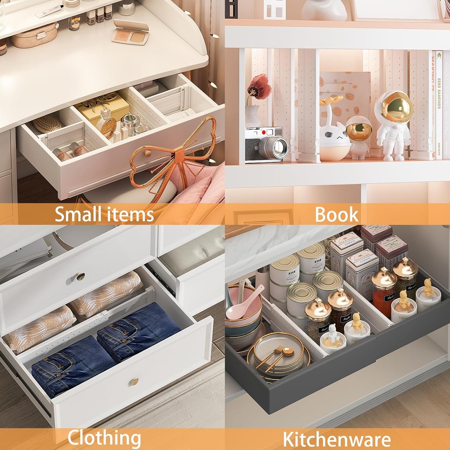 REBECAT 5 Pack Drawer Dividers for Clothes Adjustable Drawer Dividers 4" High Expandable from 15"-21" for Dresser Baby Clothes Bathroom,Bedroom Kitchen and Office Storage，White