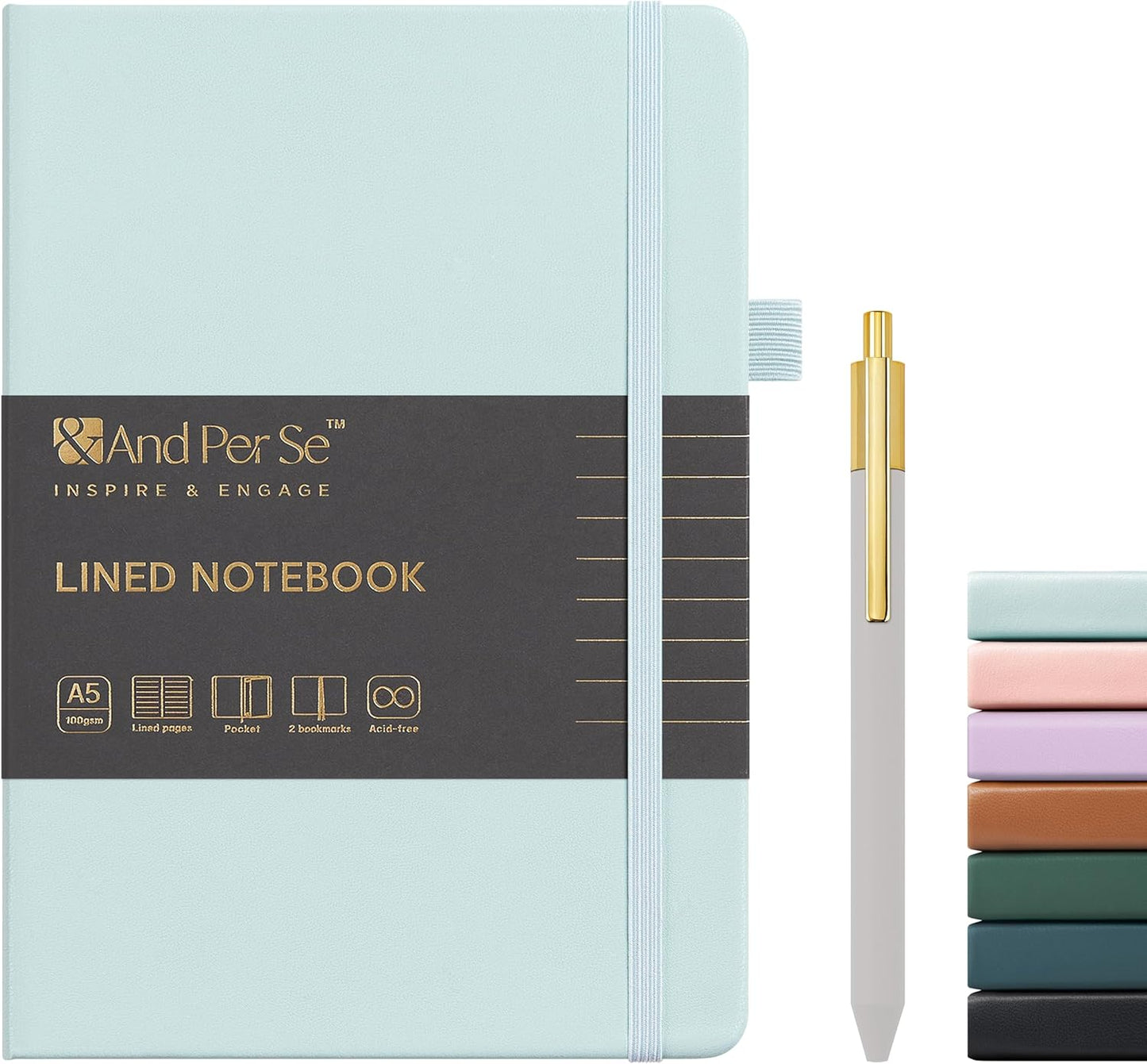 A5 Lined Leather Journal and Pen Set, Hardcover Notebook with Pen, 160 Pages 100gsm Thick Ruled Paper for Men Women, for Work, Business, School or Home Writing, 5.7'' x 8'' (Cyan-Set1)