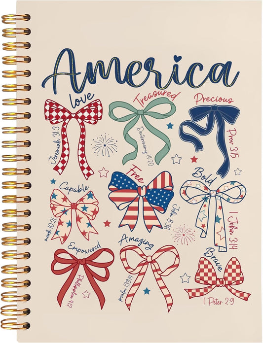 BearCake America Patriotic Christian Notebook Journal, Retro Coquette Red White Blue Bow Prayer Journal for Women, 4th of July Bow Religious Hardcover Spiral Notebook 5.5x8.3