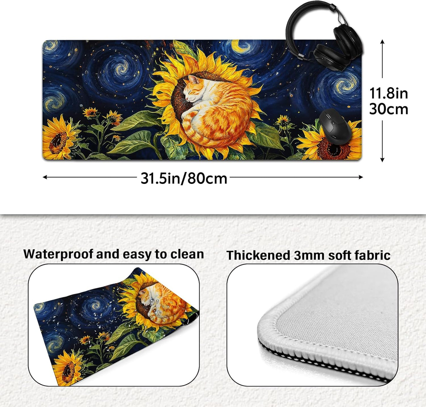 Sunflower Cat Gaming Mouse Pad, Starry Sky Cute Orange Cat Mousepad - Large Non-Slip Desk Mat for Office, PC, Laptop - 31.5"x11.8" x 3mm