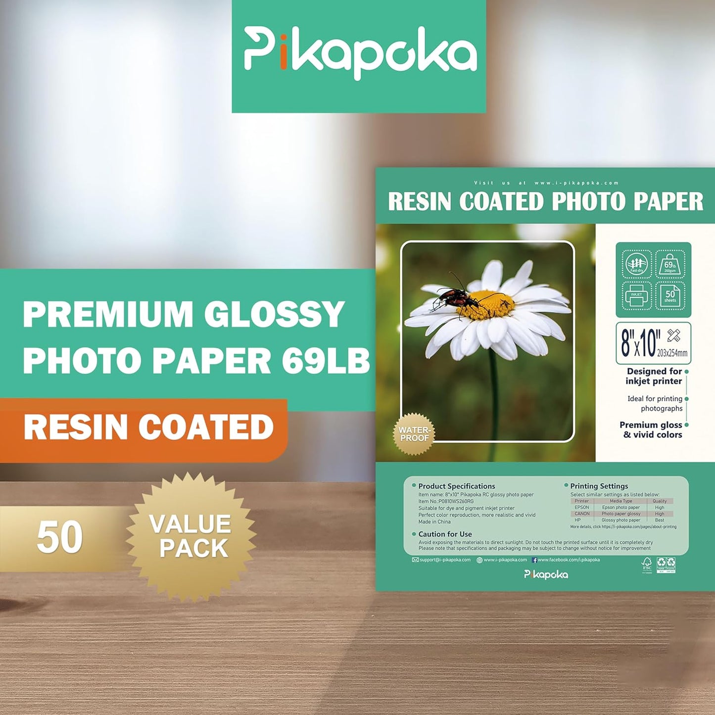 Ultra-Premium Glossy RC Photo Paper, Professional and Heavyweight Metallic Resin Coated Photo Paper, Pigment and Dye Inkjet Printer Suitable, Waterproof, 8x10, 50 Pack
